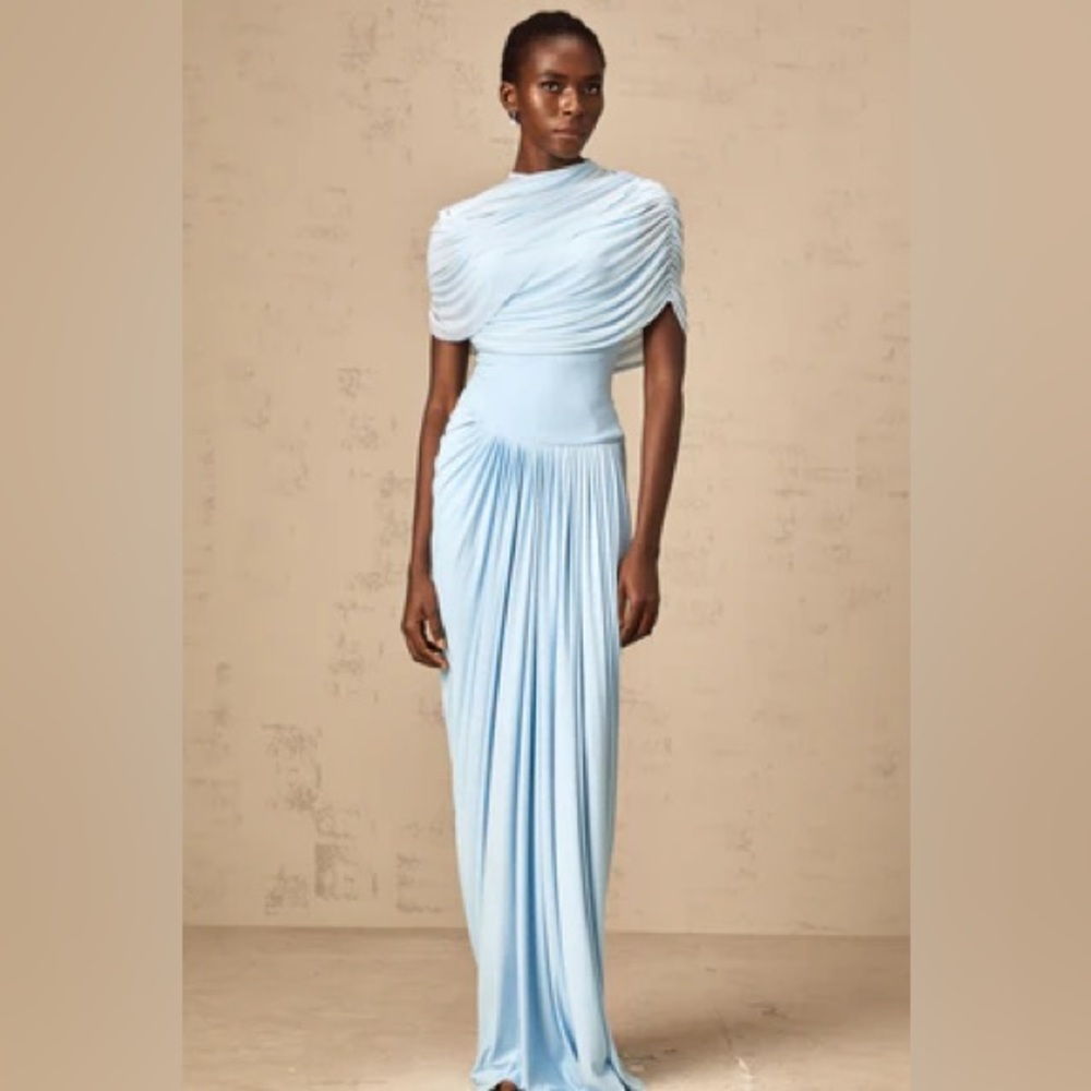 Catherine asymmetrical pleated maxi dress in Baby-blue